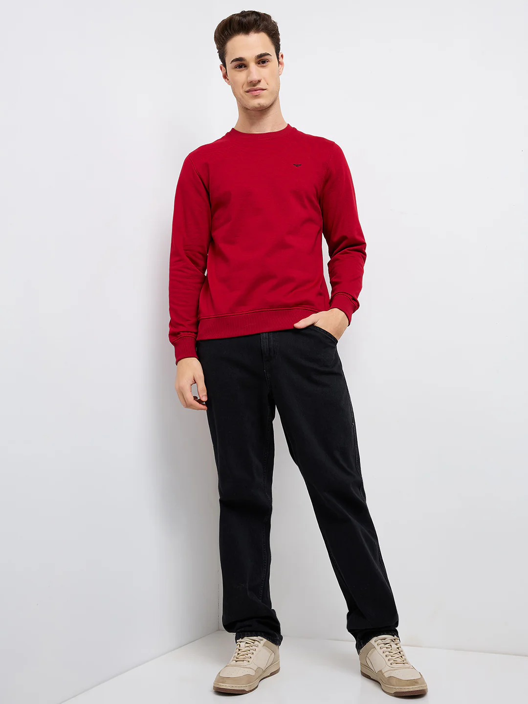 Park Avenue Men Red Solid Slim Fit Cotton Blend Round Neck Collar Sweatshirt - Image 5