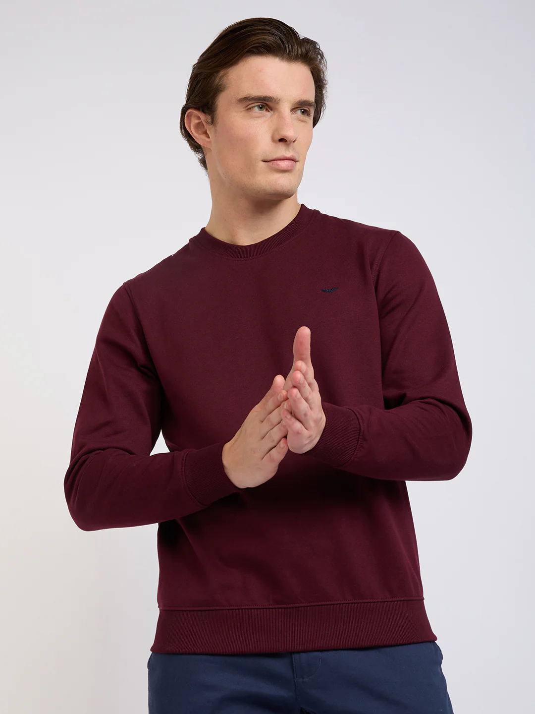 Park Avenue Men Red Solid Slim Fit Cotton Blend Round Neck Collar Sweatshirt