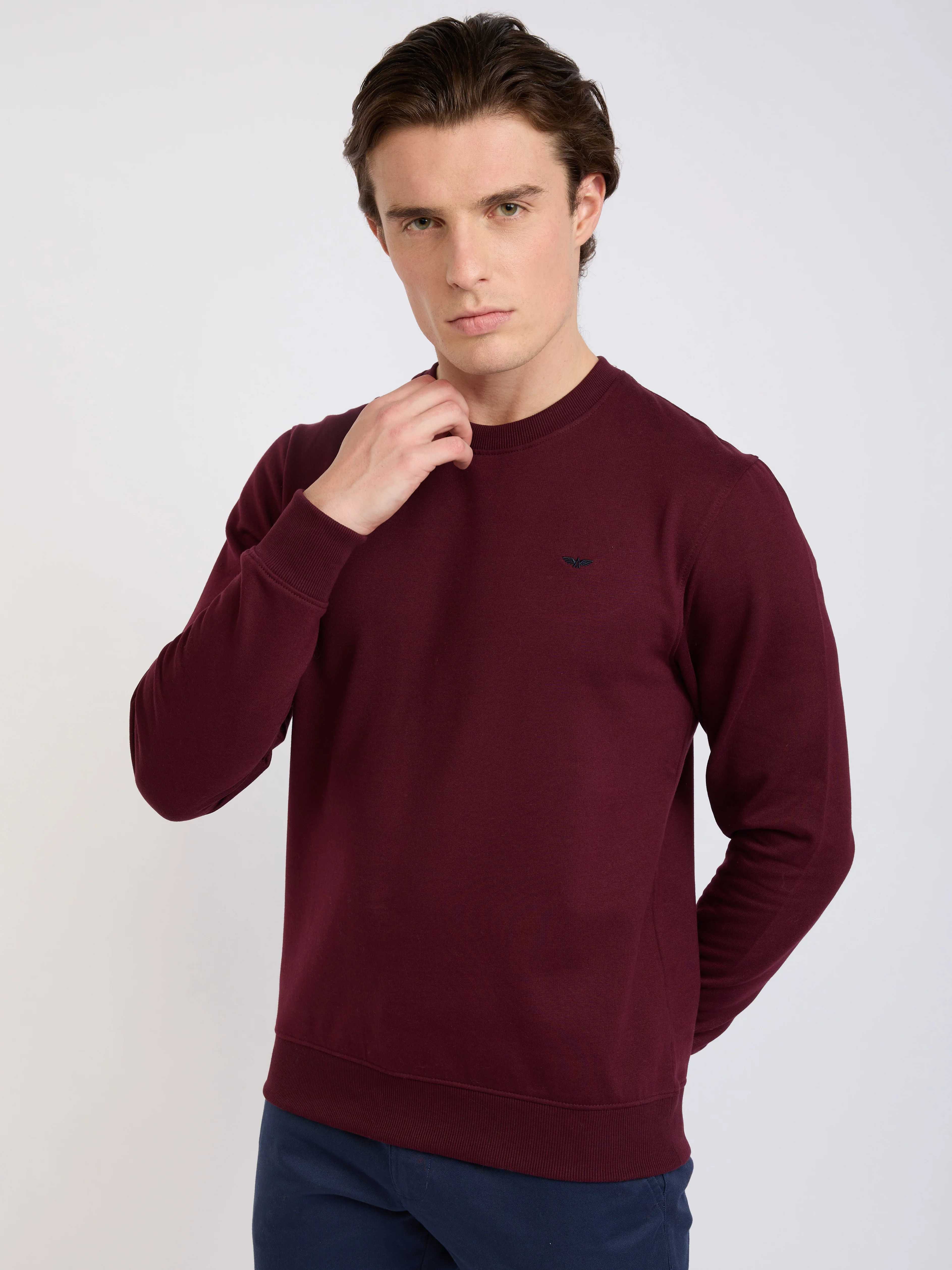 Park Avenue Men Red Solid Slim Fit Cotton Blend Round Neck Collar Sweatshirt - Image 3