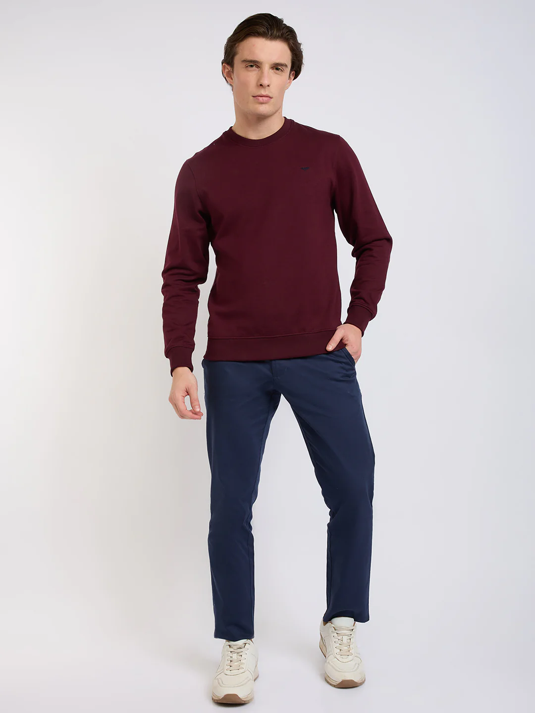 Park Avenue Men Red Solid Slim Fit Cotton Blend Round Neck Collar Sweatshirt - Image 5