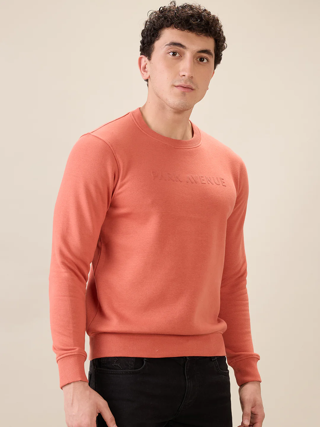 Park Avenue Men Red Solid Slim Fit Cotton Blend Round Neck Collar Sweatshirt - Image 2