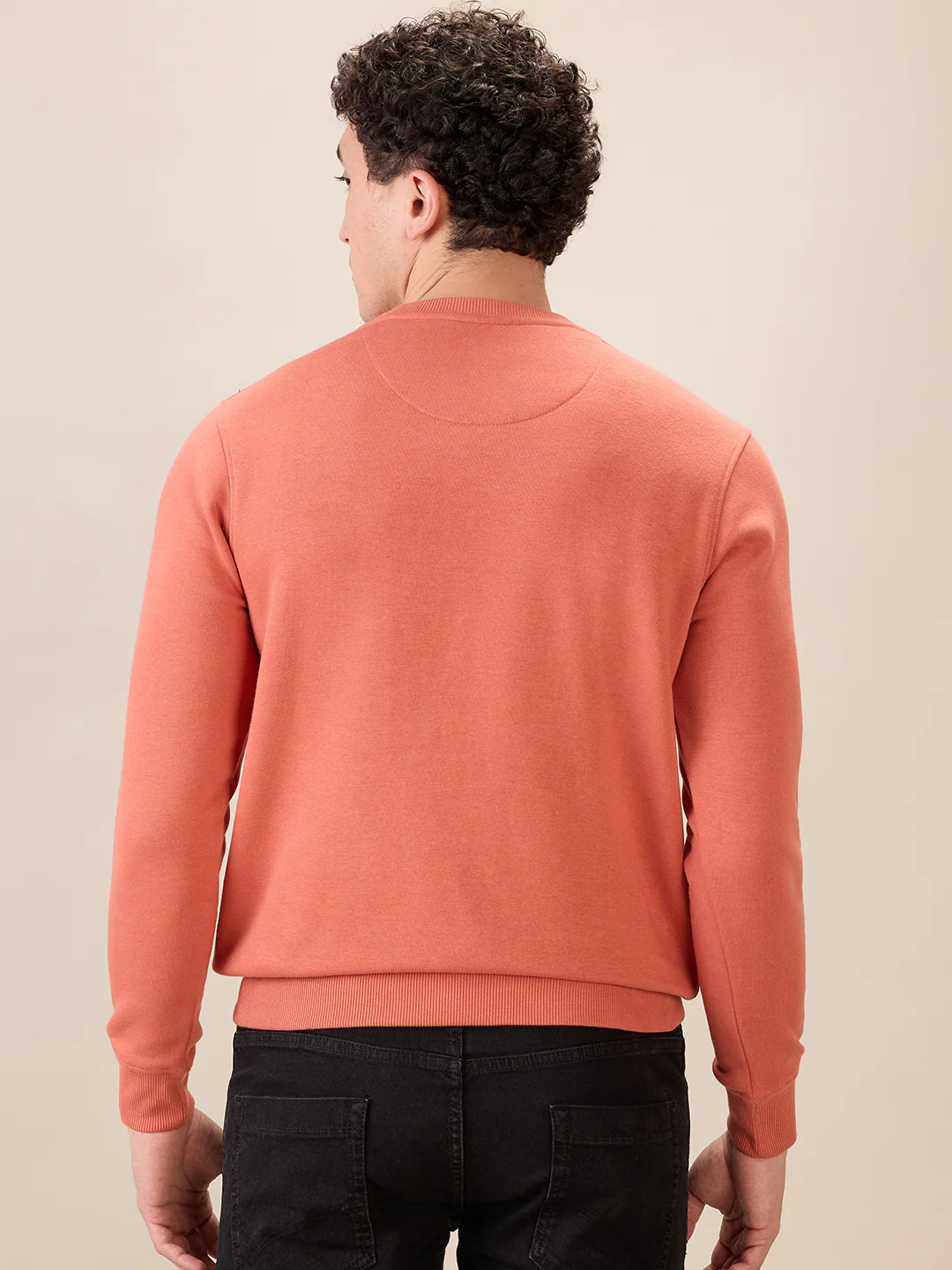 Park Avenue Men Red Solid Slim Fit Cotton Blend Round Neck Collar Sweatshirt - Image 4