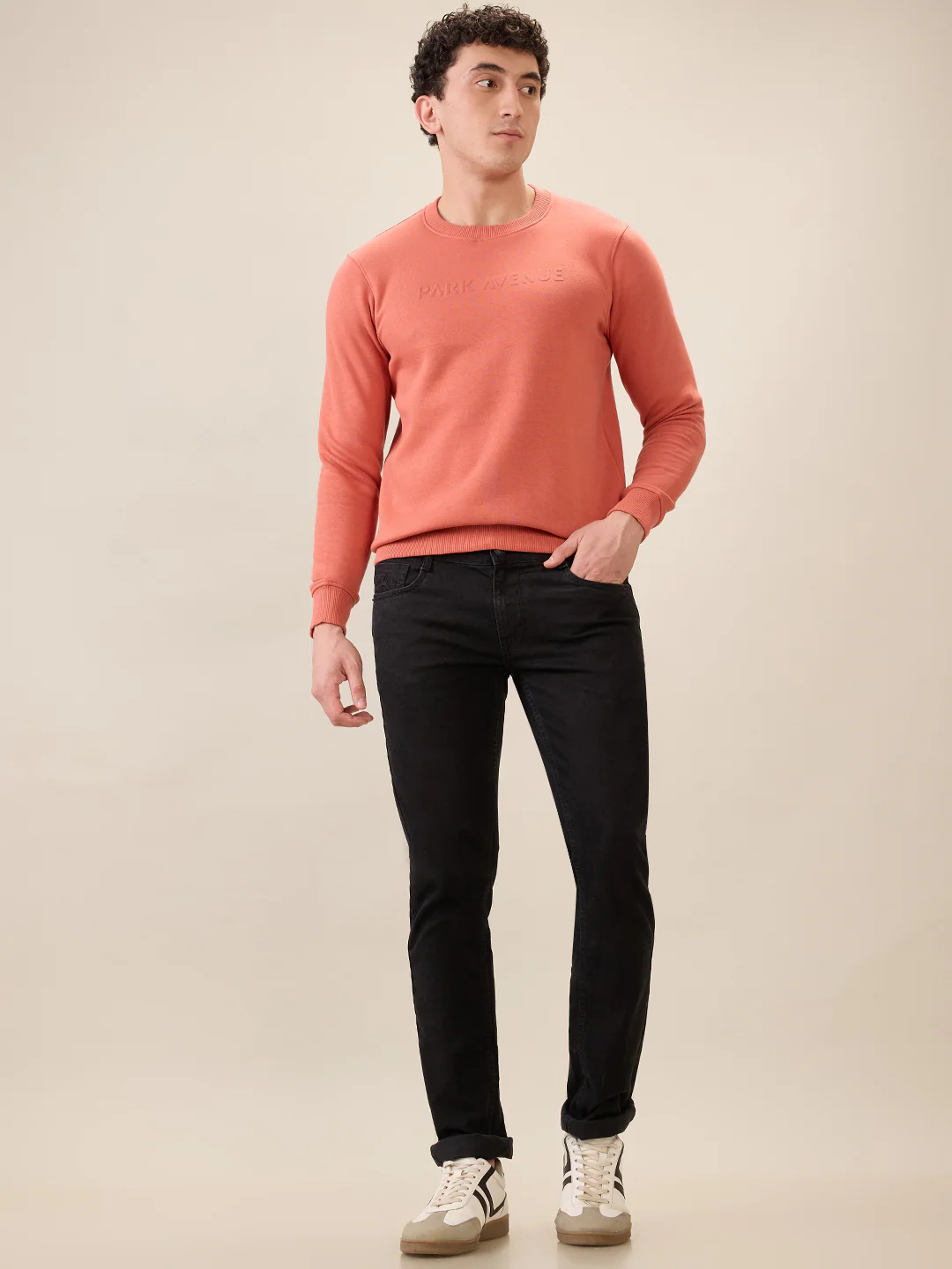 Park Avenue Men Red Solid Slim Fit Cotton Blend Round Neck Collar Sweatshirt - Image 5