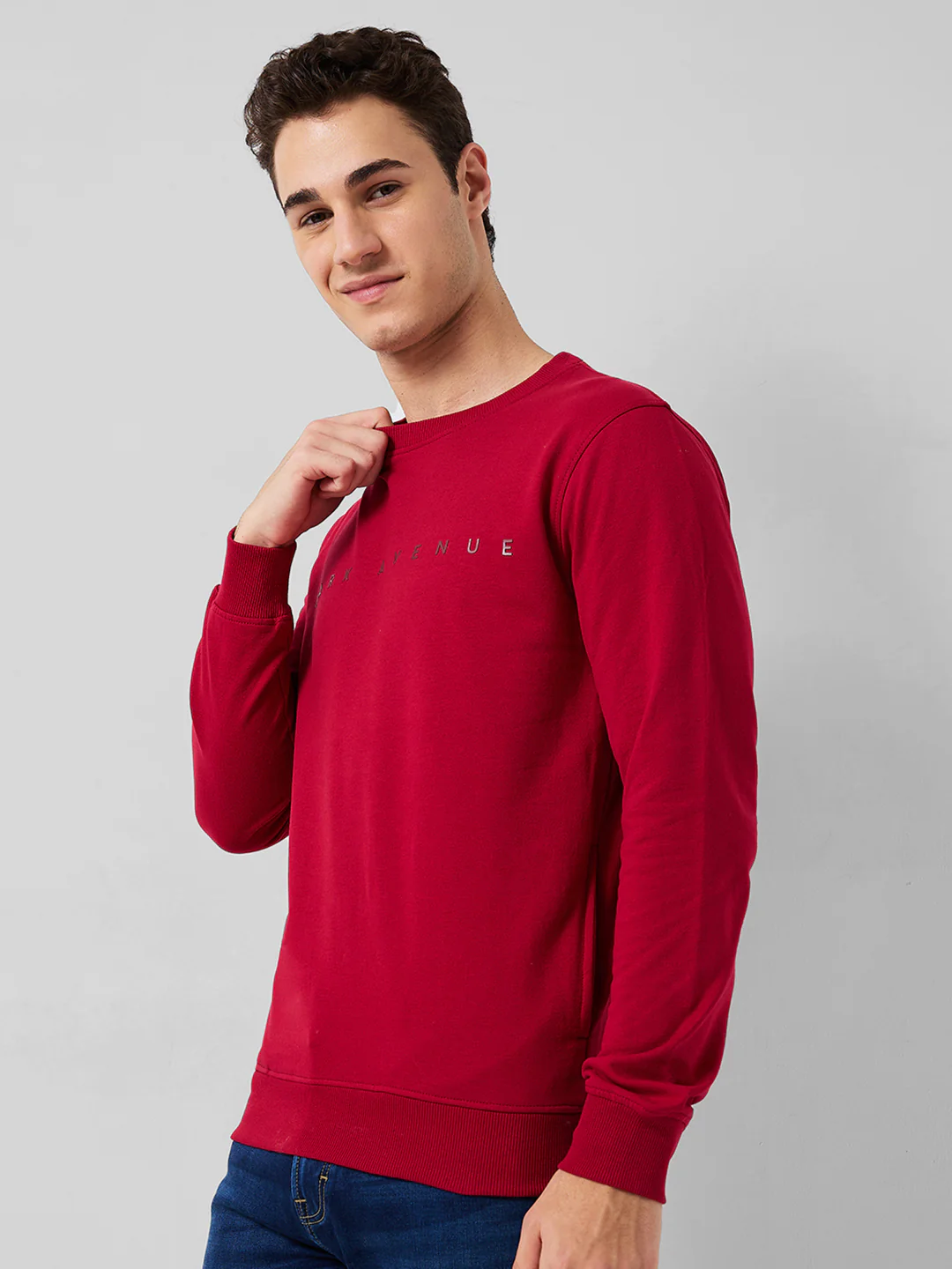 Park Avenue Men Red Solid Slim Fit Cotton Blend Sweatshirt - Image 2