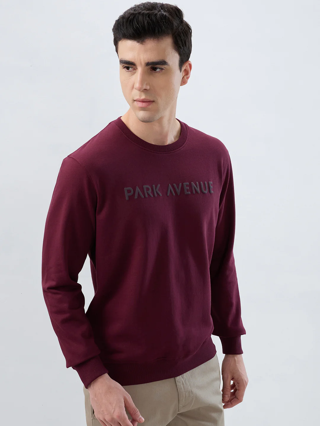 Park Avenue Men Red Solid Slim Fit Cotton Blend Sweatshirt - Image 2