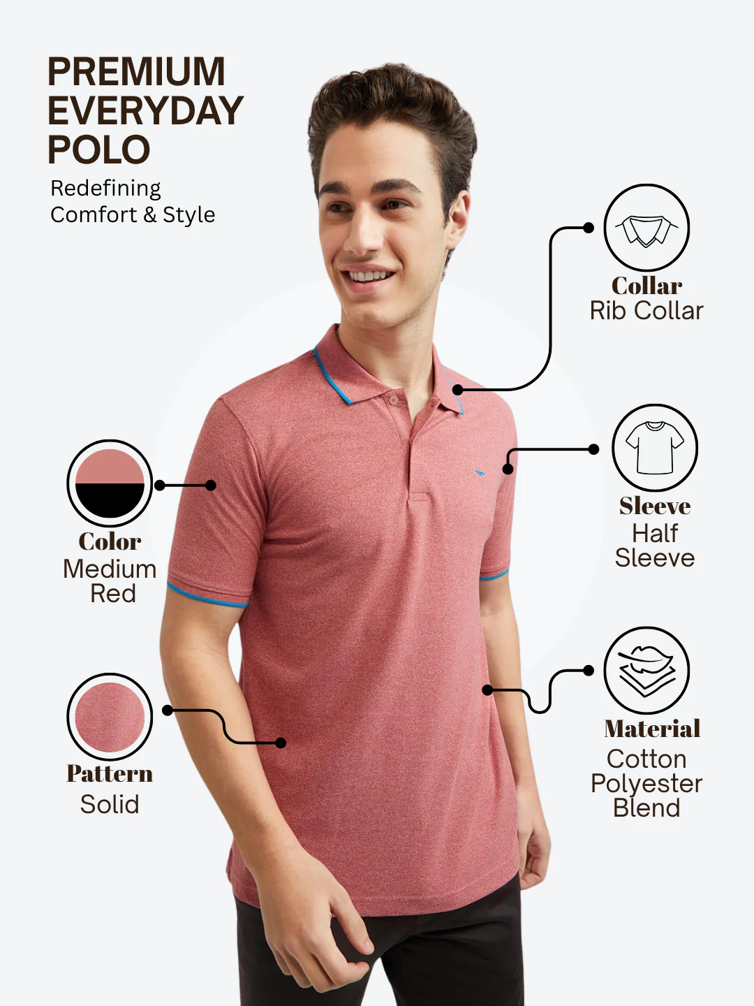 Park Avenue Men Red Slim Fit Solid Polo Neck Collar T-Shirt - Image 4