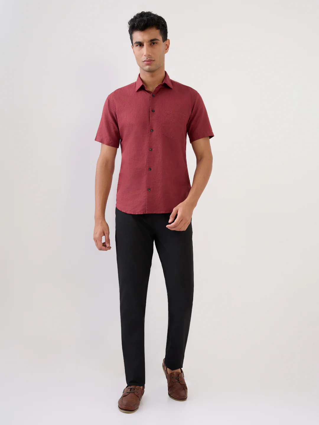 Park Avenue Men Red Solid Slim Fit Linen Blend Casual Shirt - Image 5