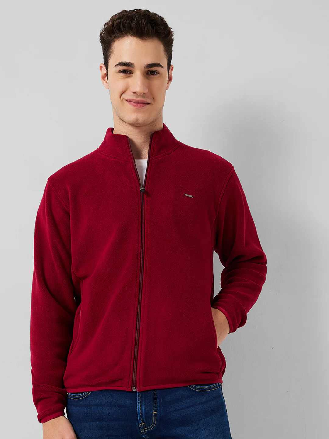 Park Avenue Men Red Solid Slim Fit Polyester Blend Sweatshirt
