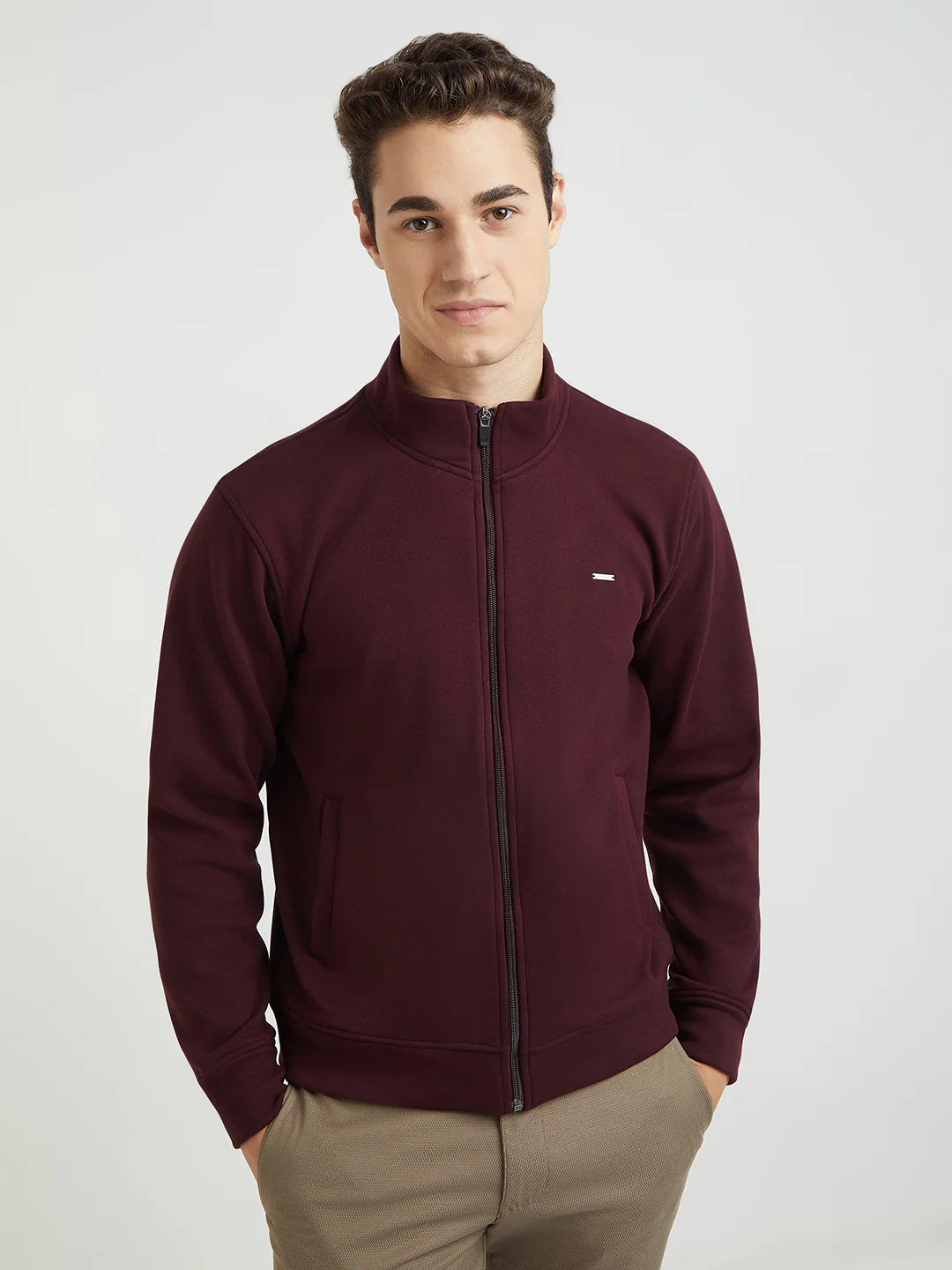 Park Avenue Men Red Solid Slim Fit Polyester Blend Sweatshirt
