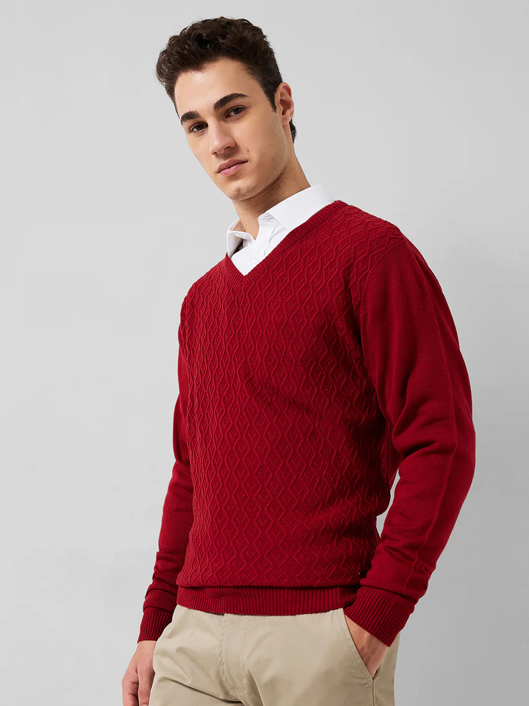 Park Avenue Men Red Structure Regular Fit Acrylic Sweater - Image 2
