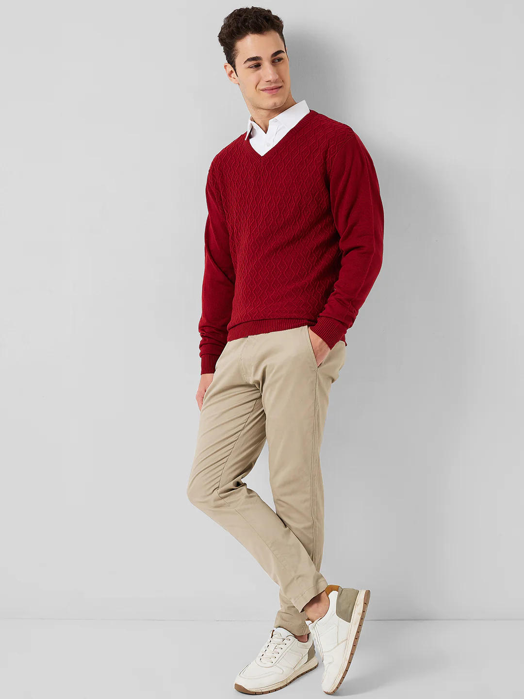 Park Avenue Men Red Structure Regular Fit Acrylic Sweater - Image 4