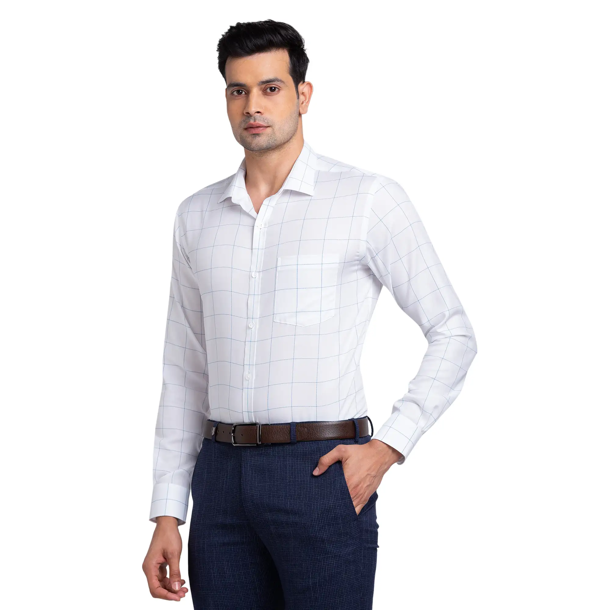 Park Avenue Men White Checks Slim Fit Cotton Cut Away Collar Shirt - Image 3