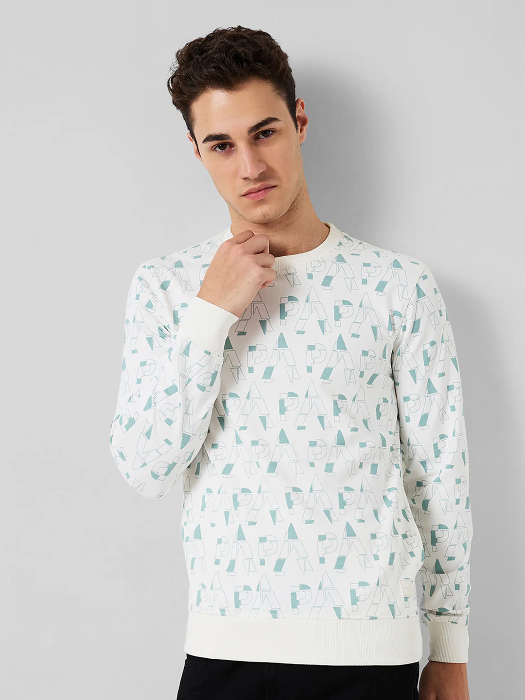 Park Avenue Men White Print Slim Fit Cotton Blend Sweatshirt