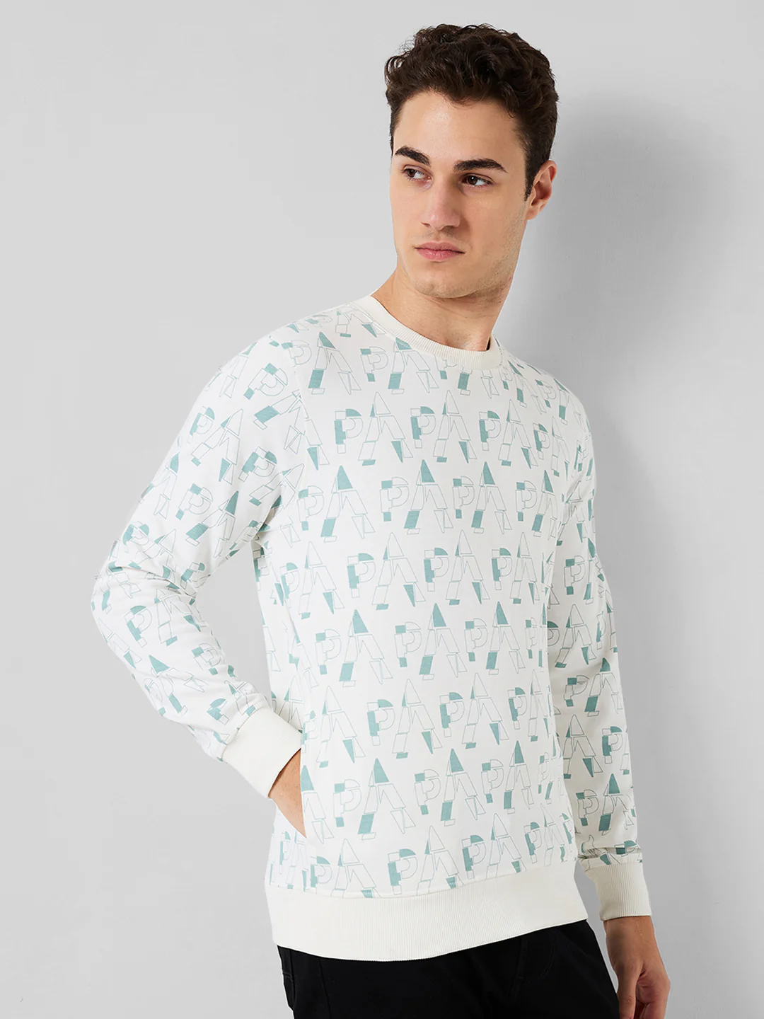 Park Avenue Men White Print Slim Fit Cotton Blend Sweatshirt - Image 2