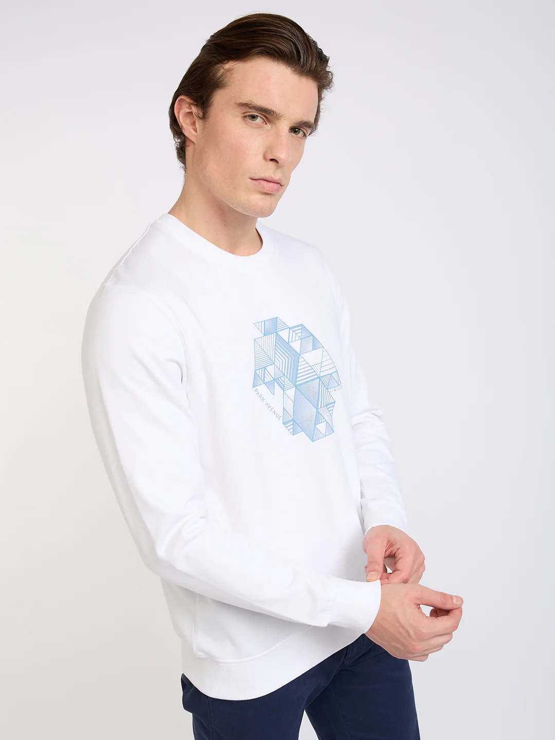Park Avenue Men White Printed Slim Fit Cotton Blend Round Neck Collar Sweatshirt - Image 2