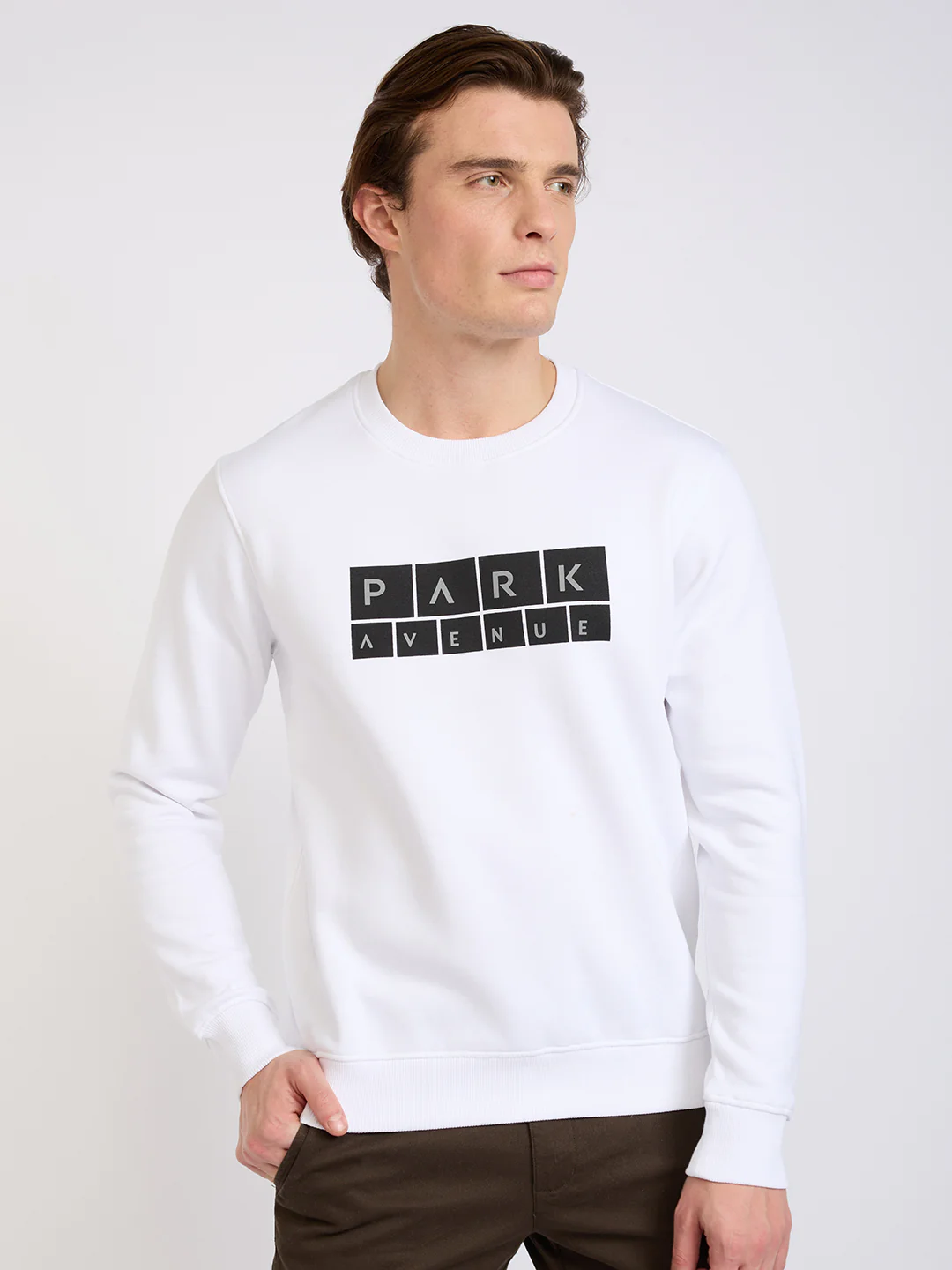 Park Avenue Men White Printed Slim Fit Cotton Blend Round Neck Collar Sweatshirt