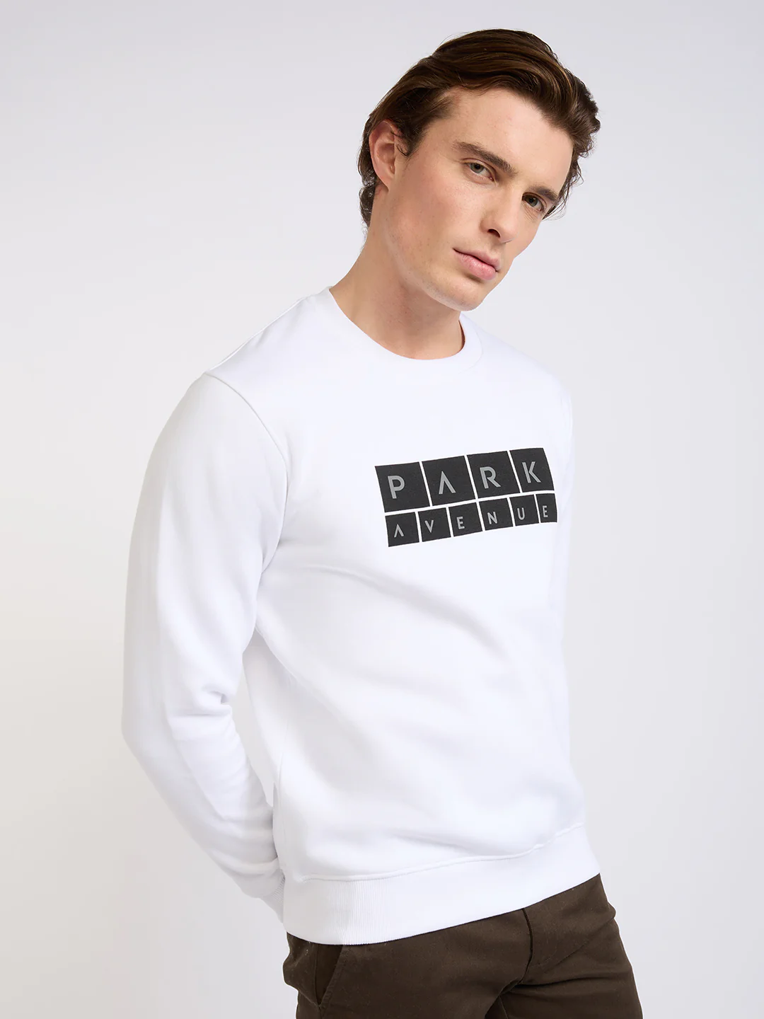 Park Avenue Men White Printed Slim Fit Cotton Blend Round Neck Collar Sweatshirt - Image 2