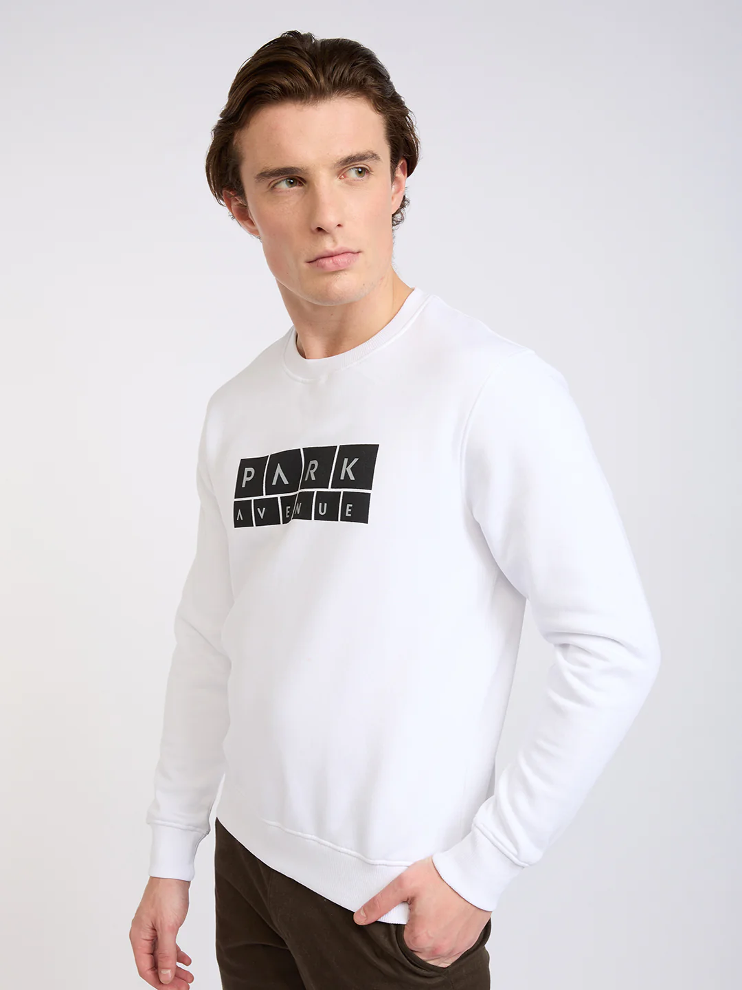 Park Avenue Men White Printed Slim Fit Cotton Blend Round Neck Collar Sweatshirt - Image 3