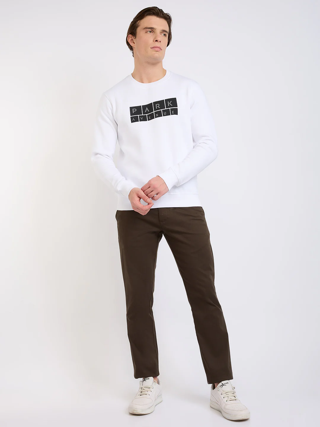 Park Avenue Men White Printed Slim Fit Cotton Blend Round Neck Collar Sweatshirt - Image 5