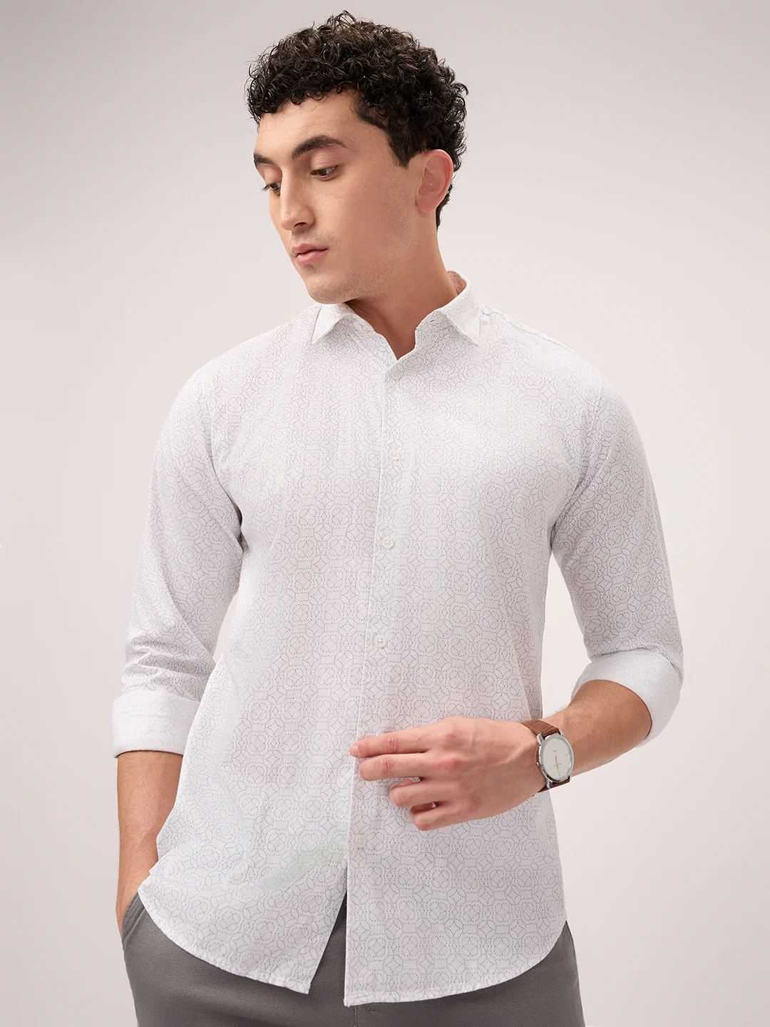 Park Avenue Men White Printed Slim Fit Cotton Casual Shirt - Image 5