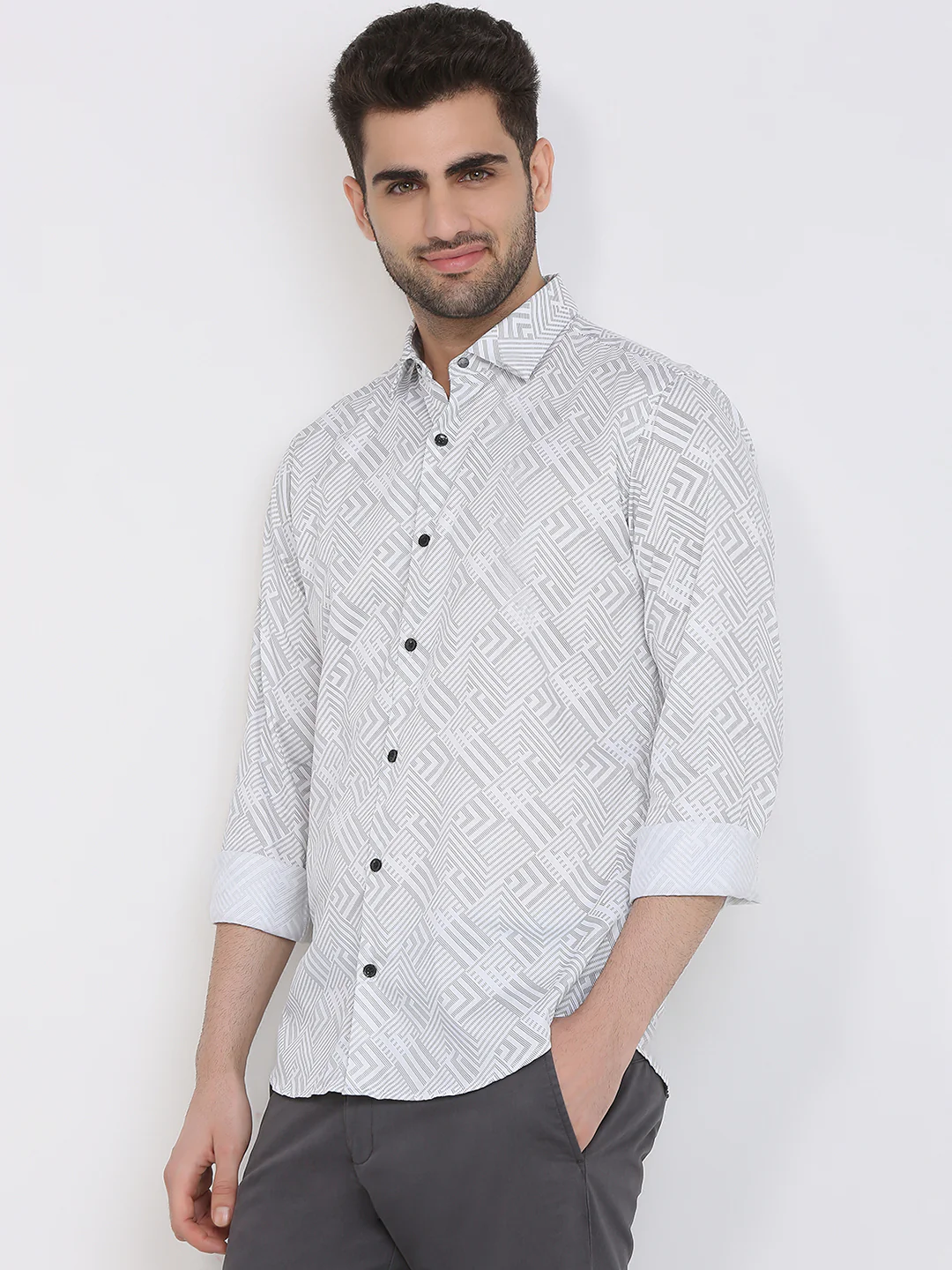 Park Avenue Men White Printed Slim Fit Cotton Full Sleeve Casual Shirt - Image 2