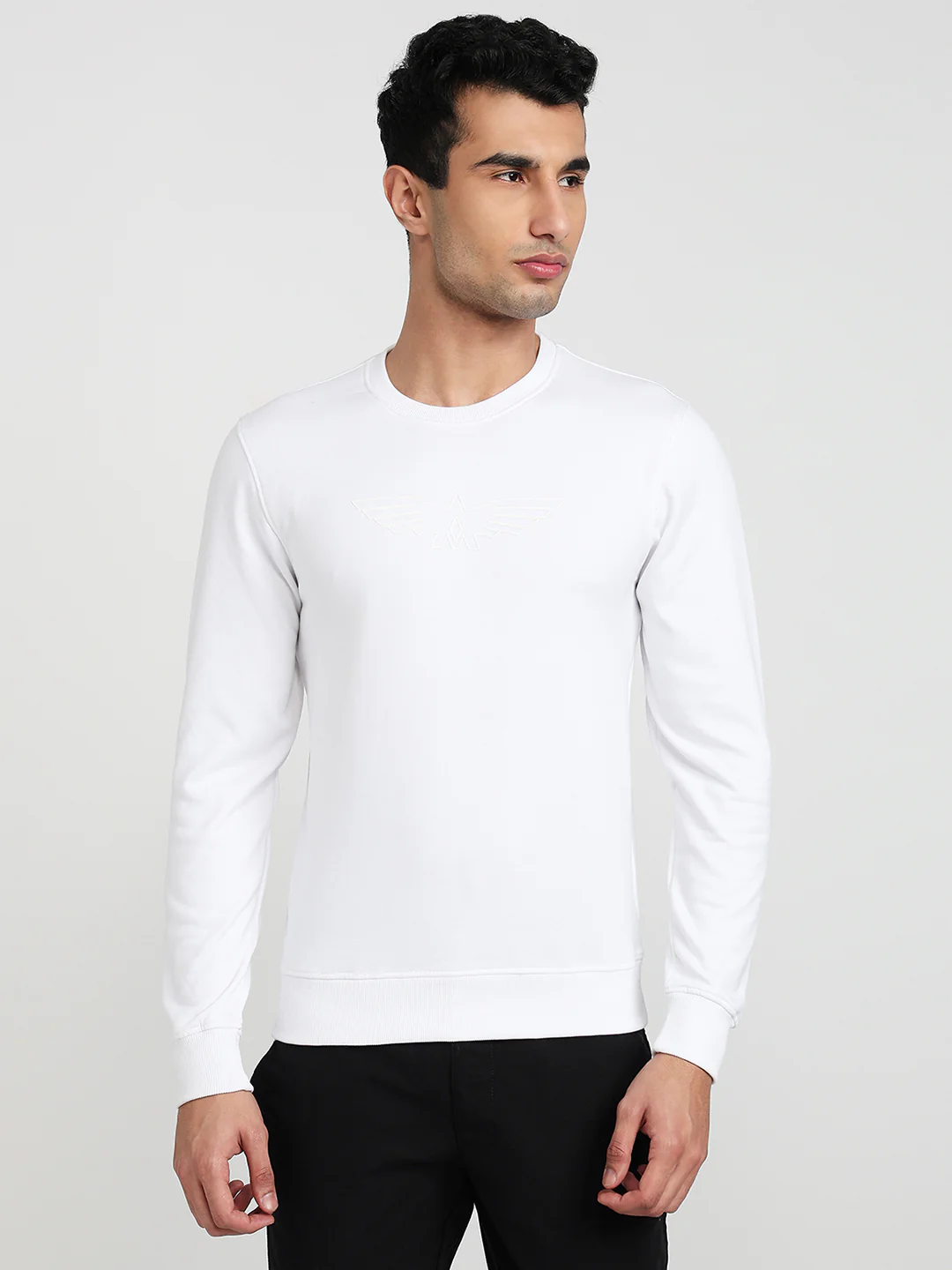 Park Avenue Men White Solid Slim Fit Cotton Blend Sweatshirt