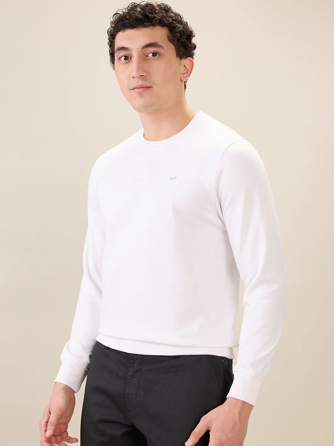 Park Avenue Men White Solid Slim Fit Cotton Blend Sweatshirt - Image 3