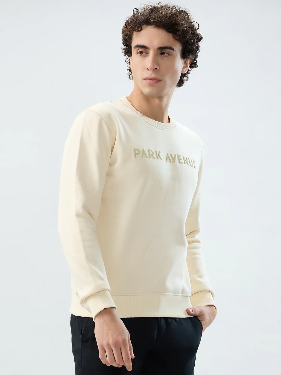 Park Avenue Men White Solid Slim Fit Cotton Blend Sweatshirt - Image 2