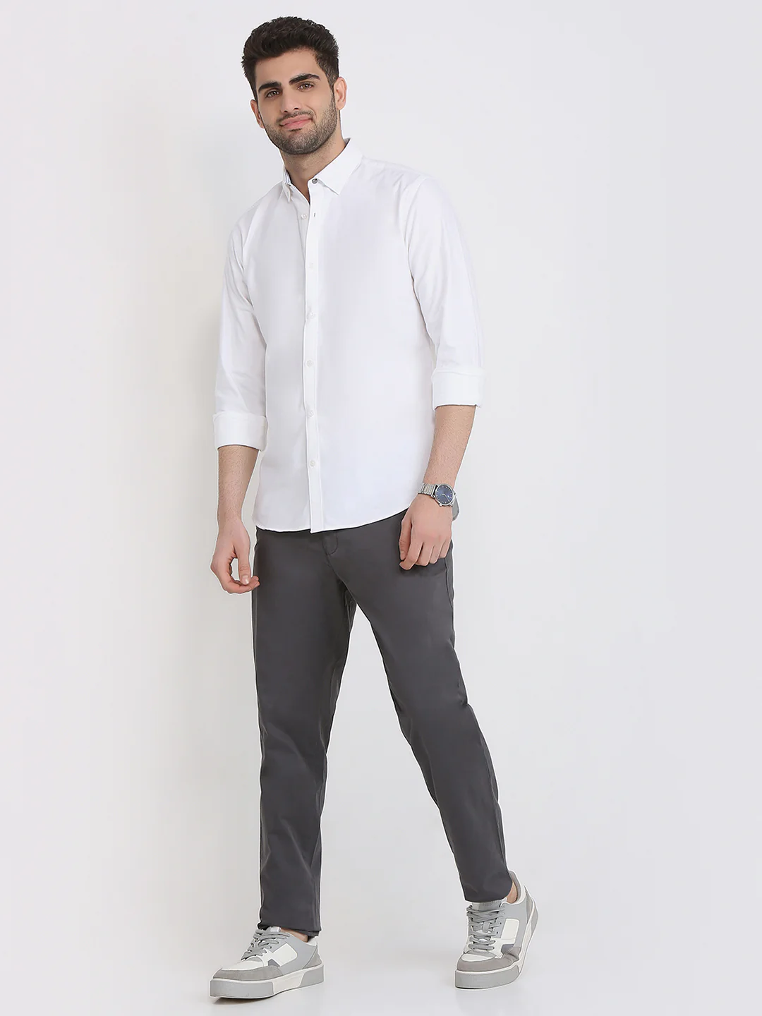 Park Avenue Men White Solid Slim Fit Cotton Full Sleeve Casual Shirt - Image 5