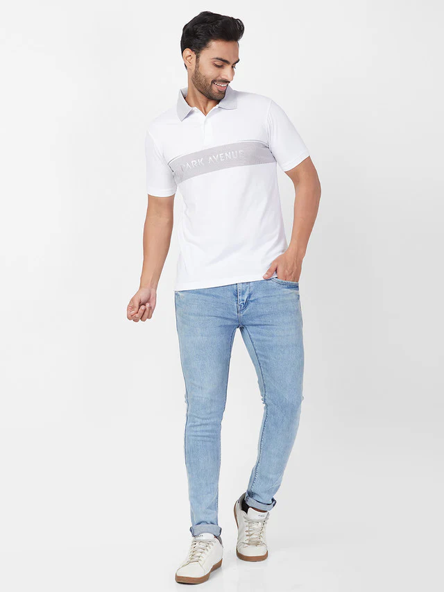 Park Avenue Men White Solid Slim Fit Half Sleeve Polo Neck T-Shirt - Image 5