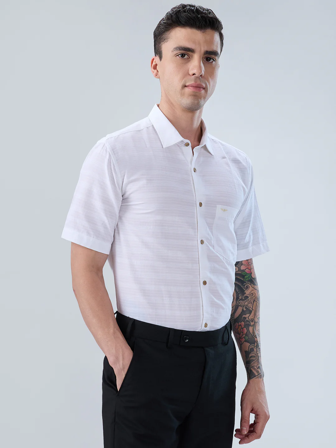 Park Avenue Men White Stripe Slim Fit Cotton Blend Shirt - Image 2