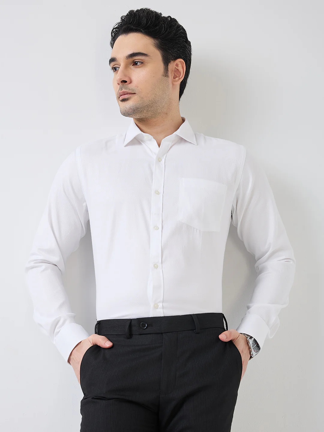 Park Avenue Men White Structure Slim Fit Polyester Blend Formal Shirt
