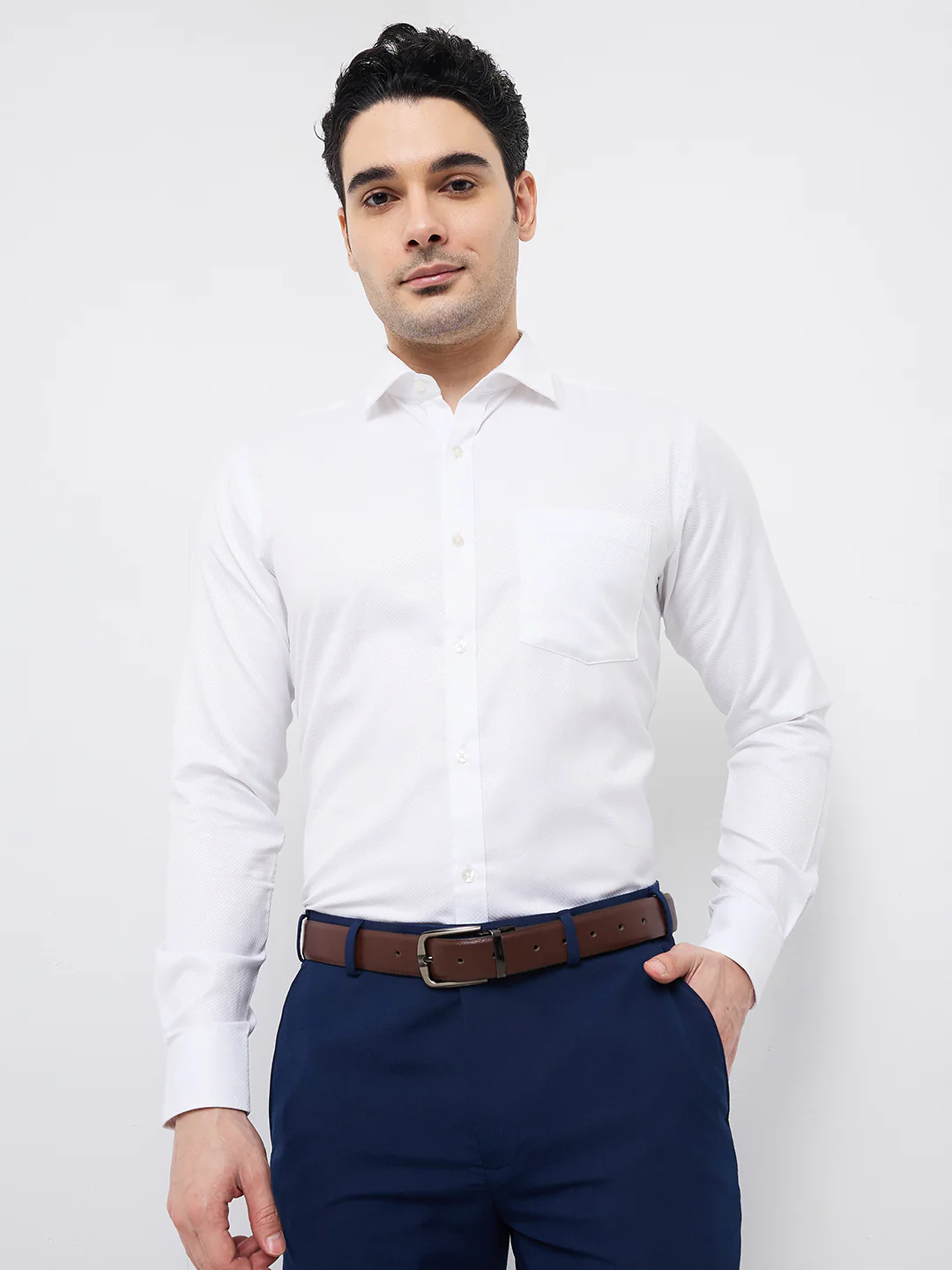 Park Avenue Men White Structure Slim Fit Polyester Blend Formal Shirt