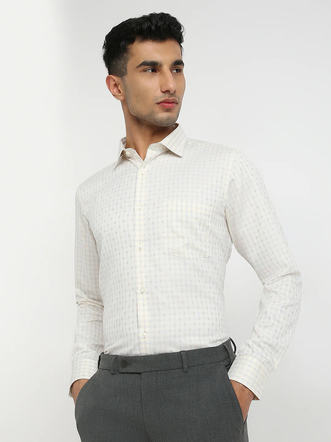 Park Avenue Men Yellow Checks Slim Fit Cotton Blend Formal Shirt