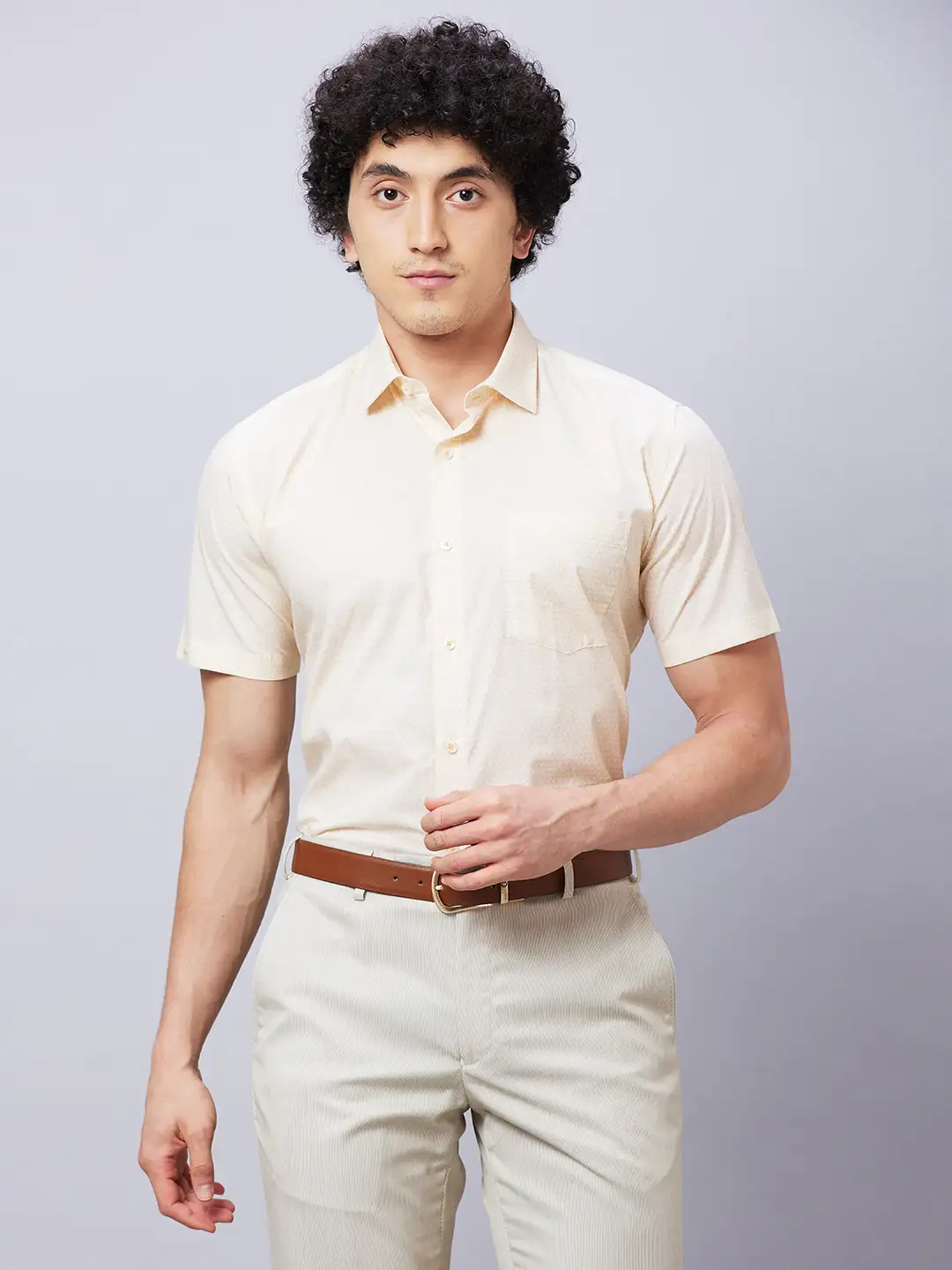 Park Avenue Men Yellow Print Regular Fit Cotton Half Sleeve Shirts