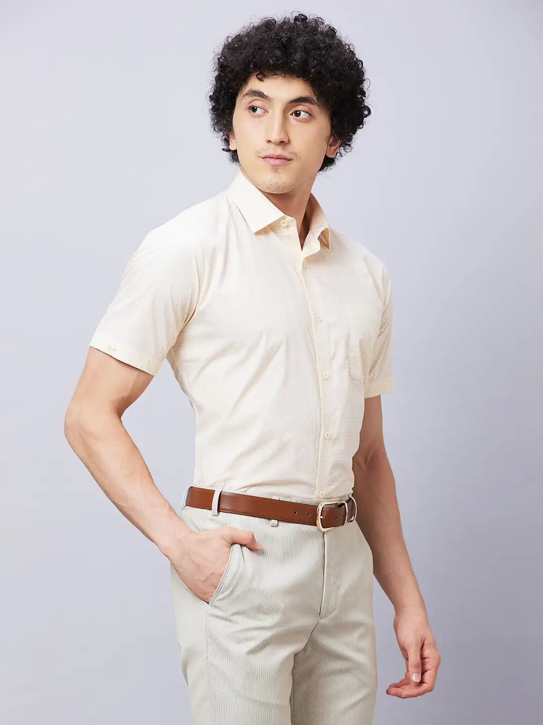 Park Avenue Men Yellow Print Regular Fit Cotton Half Sleeve Shirts - Image 2