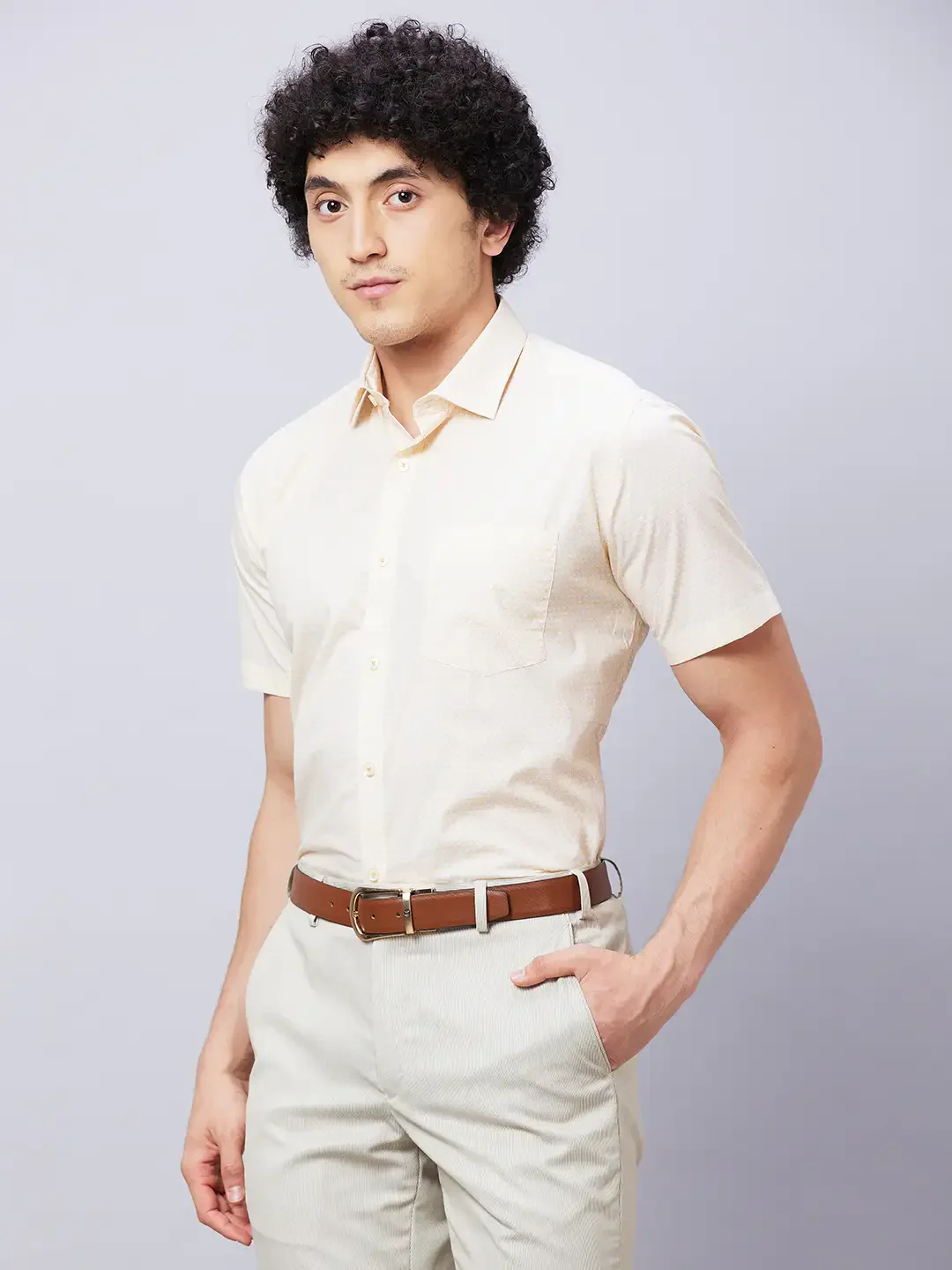 Park Avenue Men Yellow Print Regular Fit Cotton Half Sleeve Shirts - Image 3
