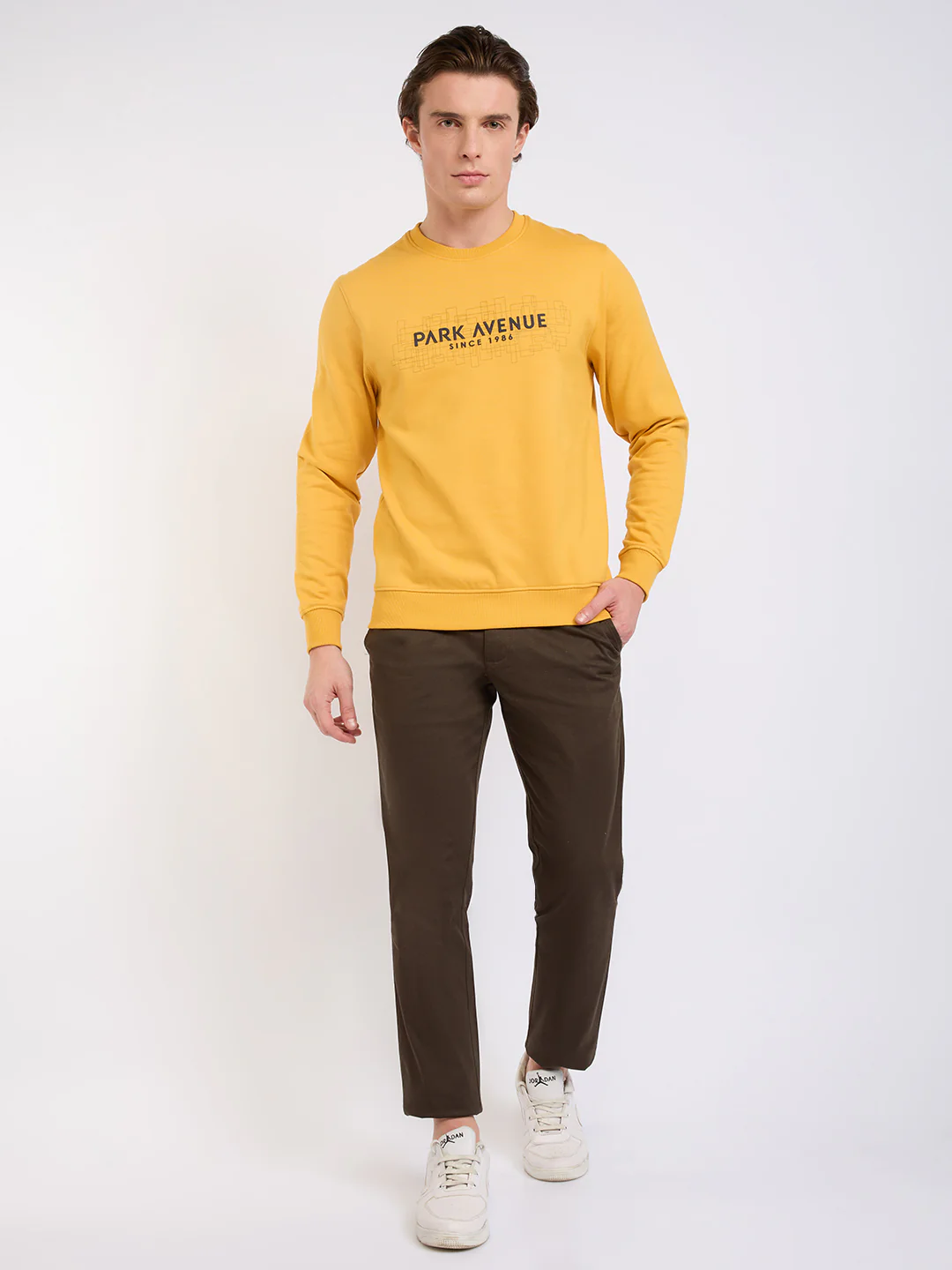 Park Avenue Men Yellow Printed Slim Fit Cotton Blend Round Neck Collar Sweatshirt - Image 5