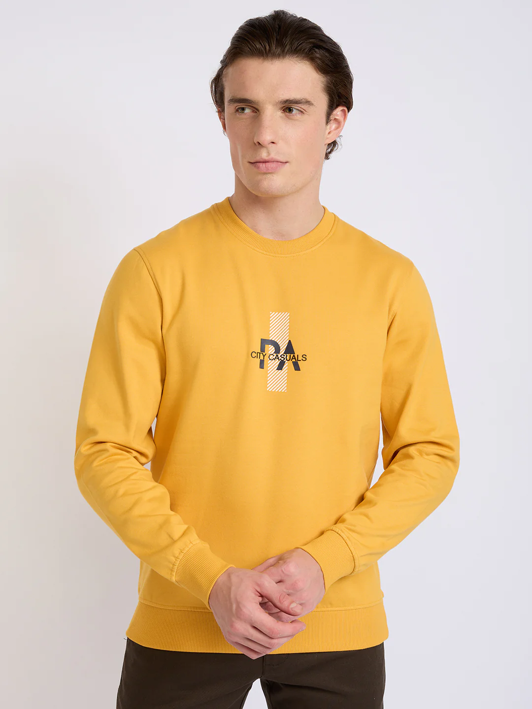Park Avenue Men Yellow Printed Slim Fit Cotton Blend Round Neck Collar Sweatshirt