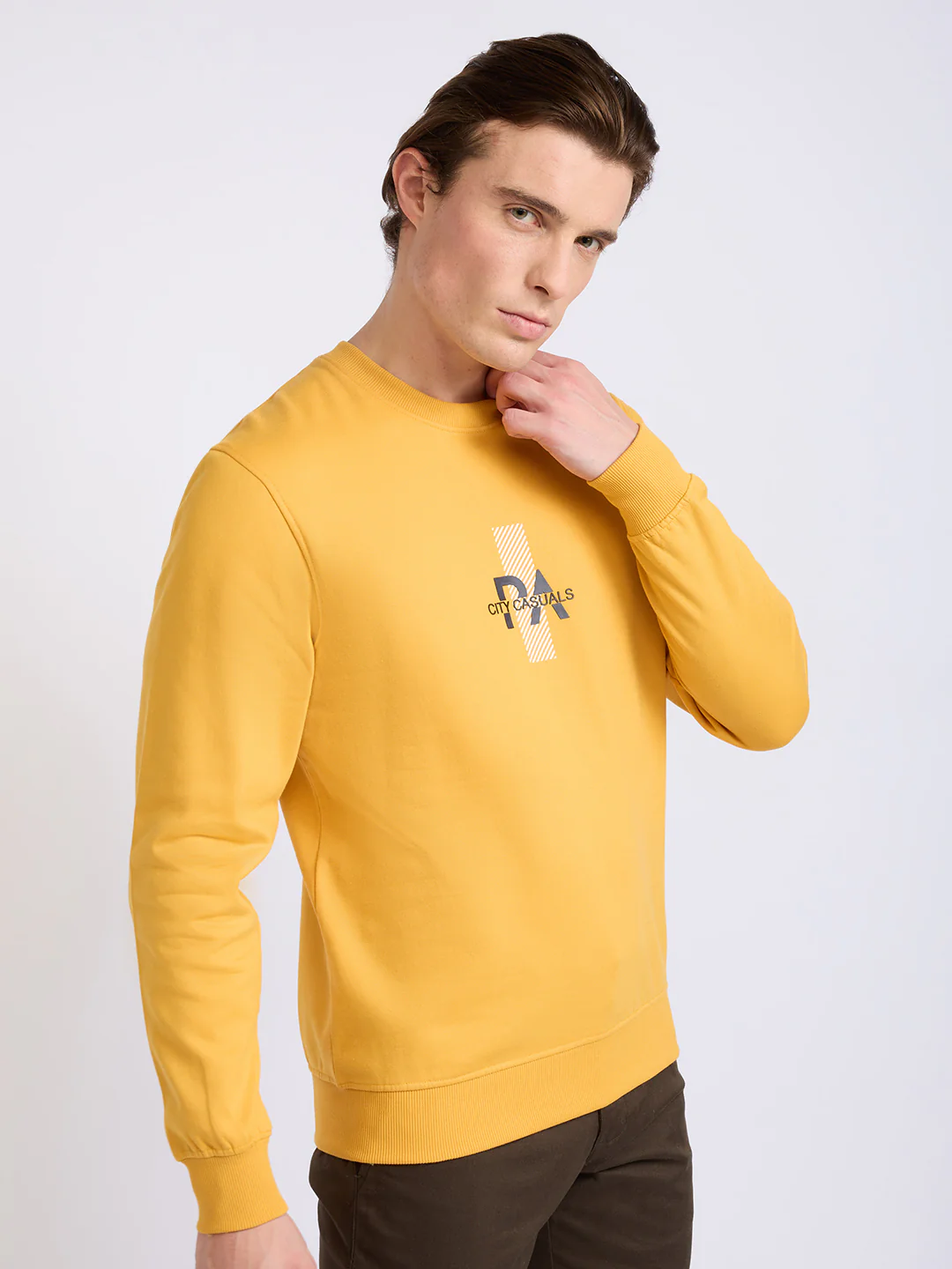 Park Avenue Men Yellow Printed Slim Fit Cotton Blend Round Neck Collar Sweatshirt - Image 2