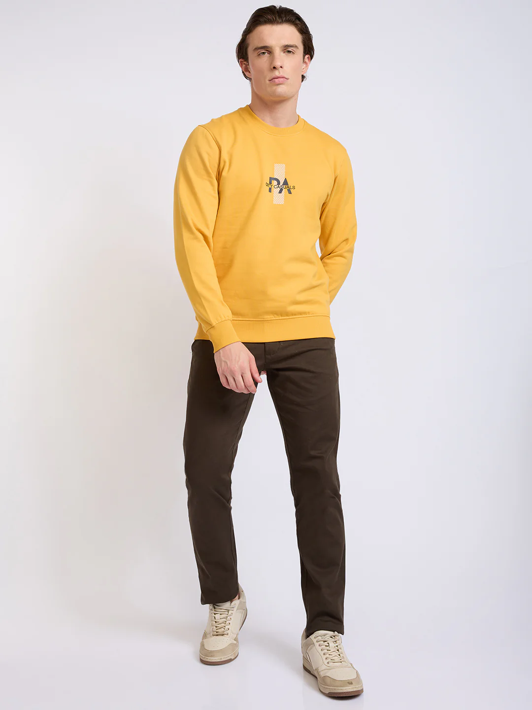 Park Avenue Men Yellow Printed Slim Fit Cotton Blend Round Neck Collar Sweatshirt - Image 5