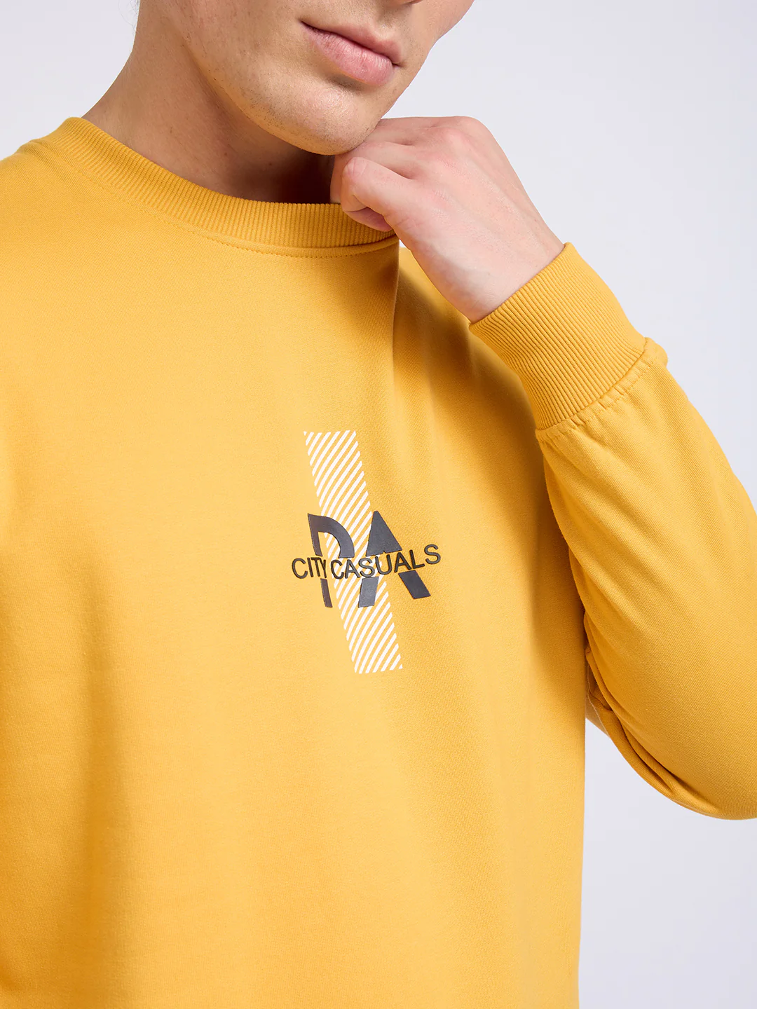 Park Avenue Men Yellow Printed Slim Fit Cotton Blend Round Neck Collar Sweatshirt - Image 6