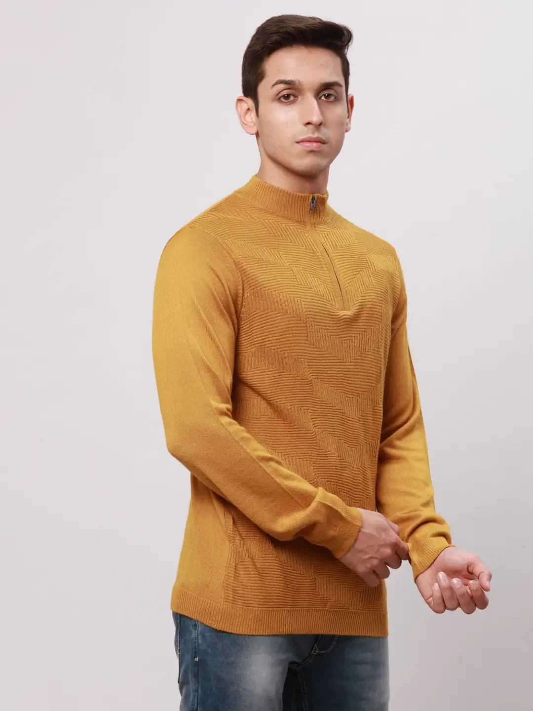 Park Avenue Men Yellow Regular Fit Solid Cotton Full Sleeve V Neck Collar Pullovers - Image 2