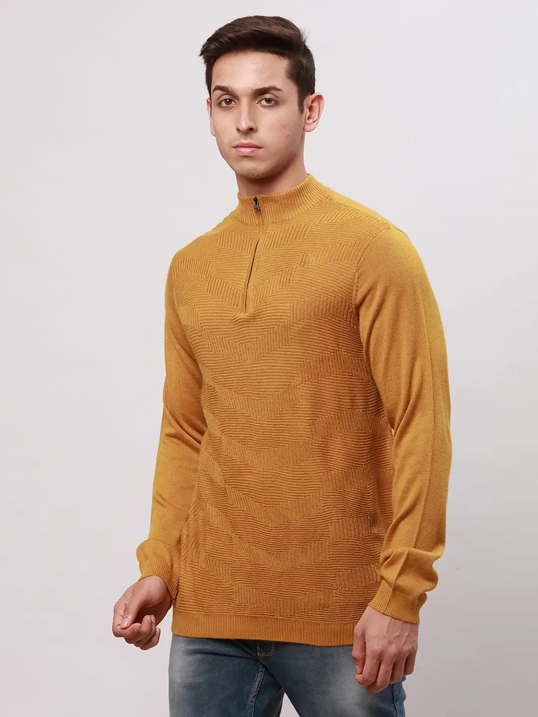 Park Avenue Men Yellow Regular Fit Solid Cotton Full Sleeve V Neck Collar Pullovers - Image 3