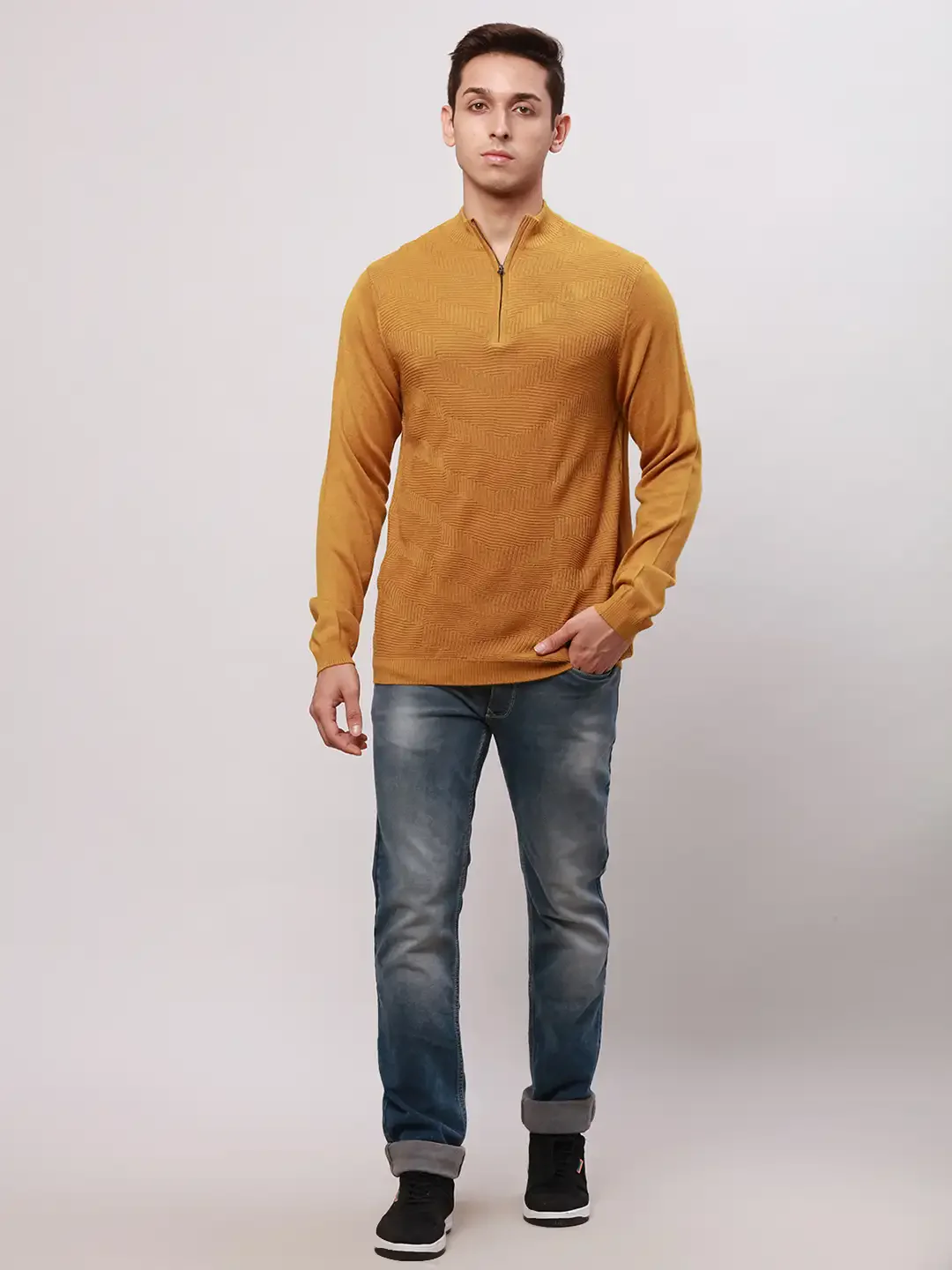 Park Avenue Men Yellow Regular Fit Solid Cotton Full Sleeve V Neck Collar Pullovers - Image 5