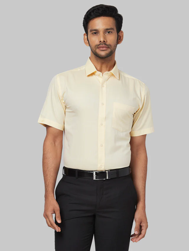 Park Avenue Men Yellow Self Design Regular Fit Half Sleeve Semi Cut Away Collar Shirt