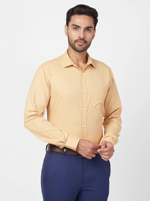 Park Avenue Men Yellow Slim Fit Checks Shirt - Image 2