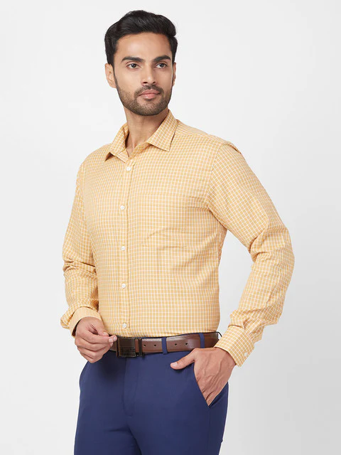 Park Avenue Men Yellow Slim Fit Checks Shirt - Image 3