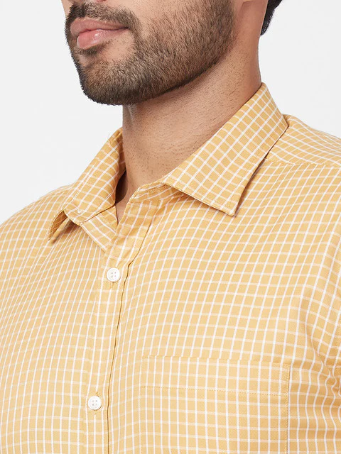 Park Avenue Men Yellow Slim Fit Checks Shirt - Image 6