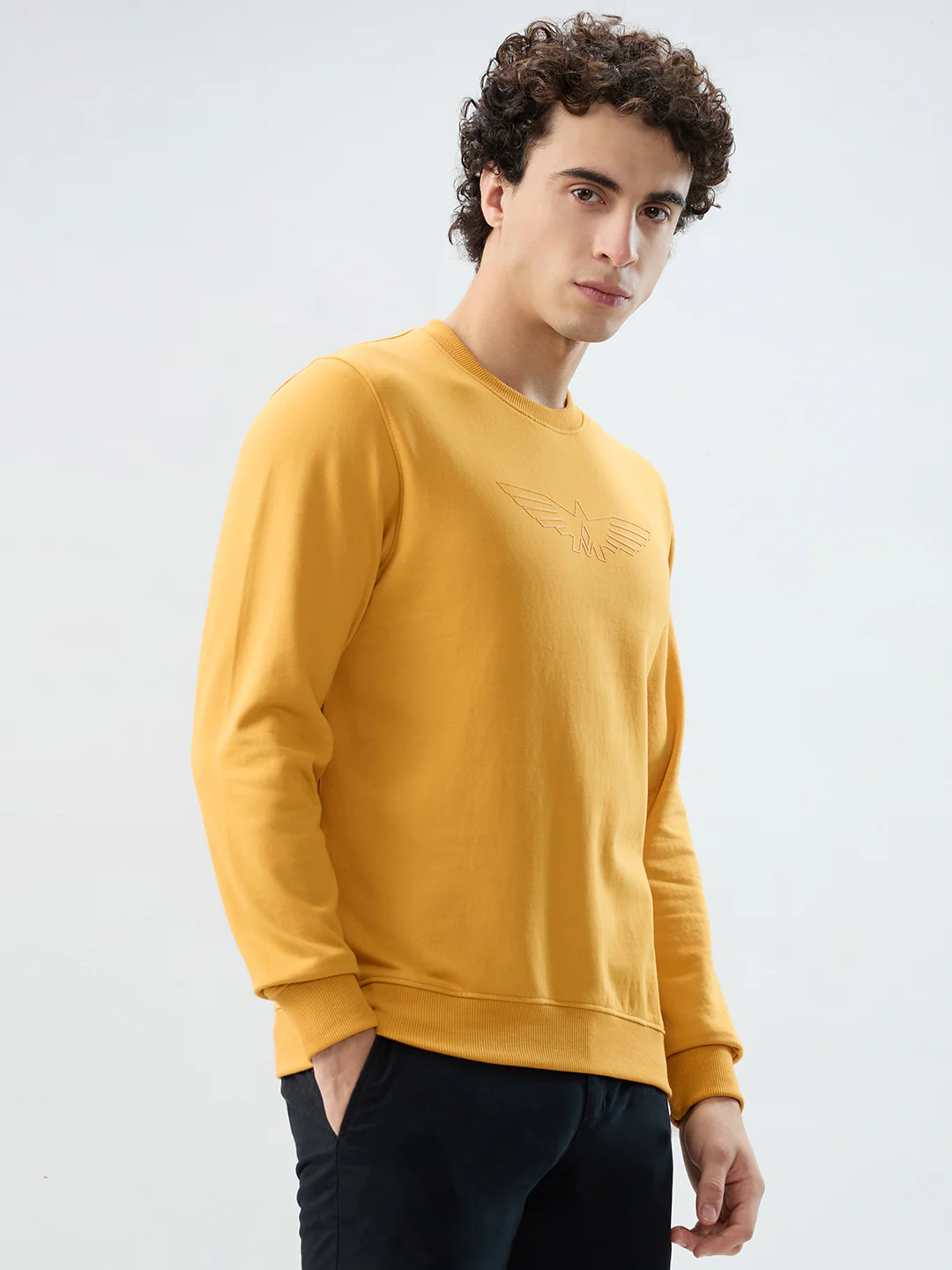 Park Avenue Men Yellow Solid Slim Fit Cotton Blend Sweatshirt - Image 2